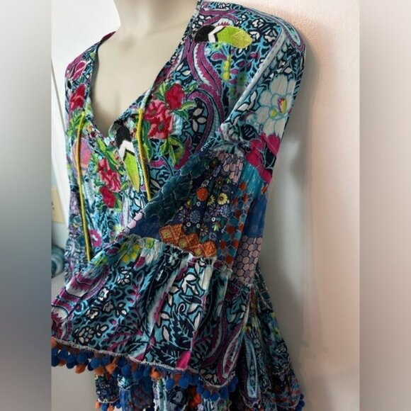 Moroccan Night Printed sequin Bell Sleeve Dress Kaftan Dress Pom-poms S/M #1352 - Picture 5 of 8